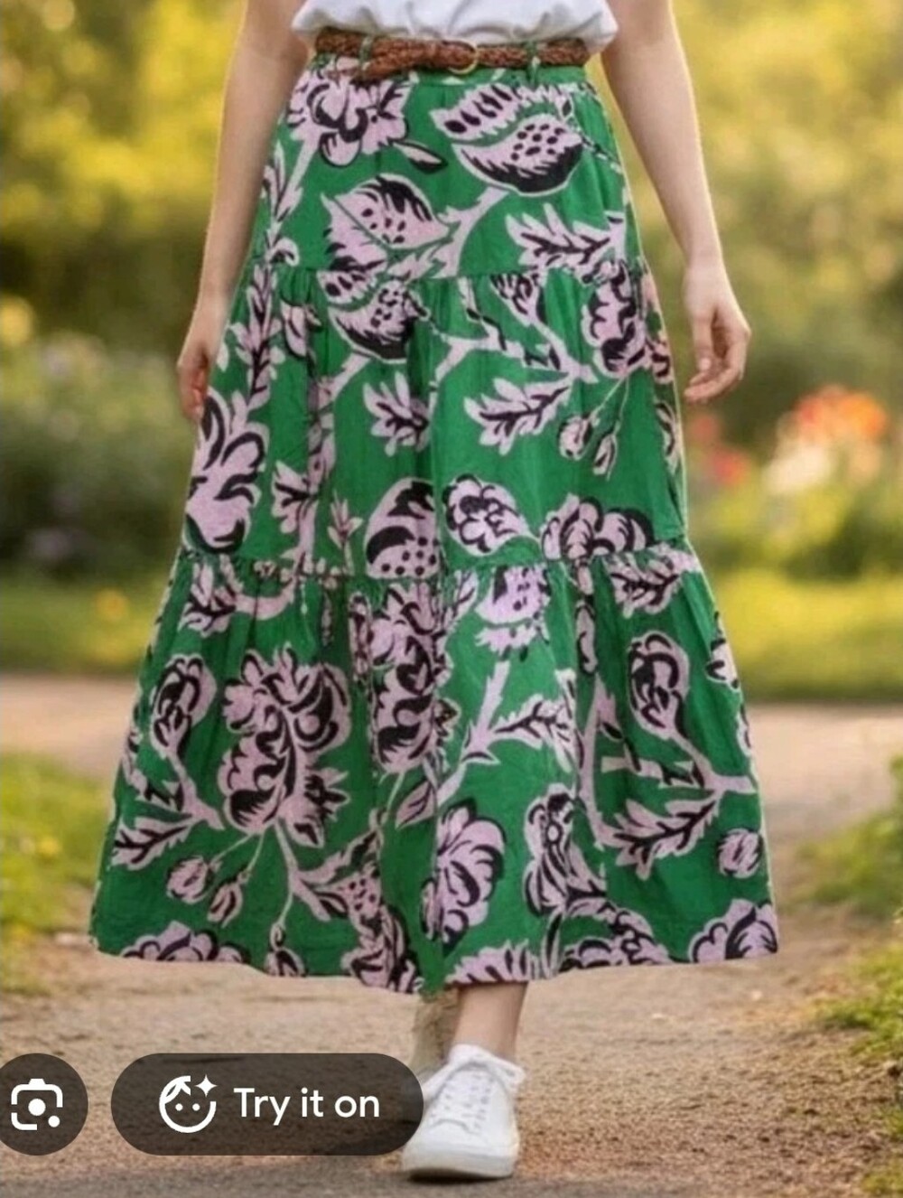 Boden Green Pink Floral Print Lorna Tiered Poplin Maxi Skirt Coastal Grandmother